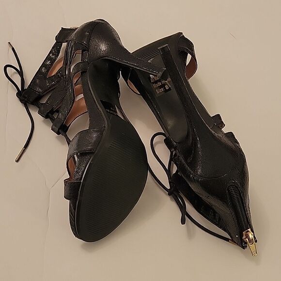 WILD DIVA LOUNGS GIVE ME  FEVER BLACK SNAKESKIN LACE-UP HEELS SANDAL - Picture 13 of 13